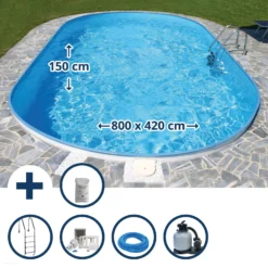 Stahlwandpool Set Oval Flamingo 800x420x150 Cm, Stahl 0,8 Mm Weiß, Folie 0,6 Mm Blau, Einhängebiese