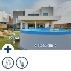 SUMMER FUN Stahlwandpool Set (3-teilig) Rund Athen 300x90 Cm, Stahl 0,3 Mm Weiß, Folie 0,2 Mm Blau, Overlap