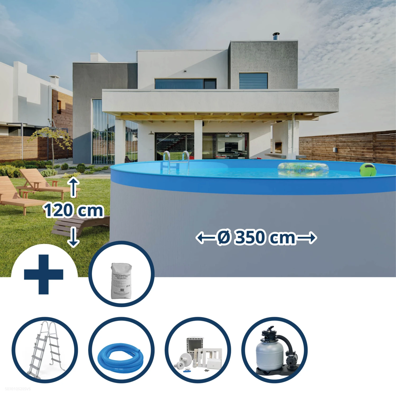 Stahlwandpool Set Rund Almeria 350x120 Cm, Stahl 0,4 Mm Weiß, Folie 0,3 Mm Blau, Overlap 1 Stahlwandpool Set Rund Almeria 350x120 Cm, Stahl 0,4 Mm Weiß, Folie 0,3 Mm Blau, Overlap