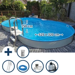 Waterman Stahlwandpool Set (9-teil) Halbhoch Achtform Calypso 525x320x150cm, Stahl 0,8mm Weiß Folie 0,6mm Bl.