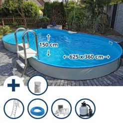 Waterman Stahlwandpool Set (9-teil) Halbhoch Achtform Cannes 625x360x150cm, Stahl 0,8mm Weiß Folie 0,6mm Bl.