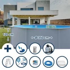 Waterman Stahlwandpool Set (9-teilig) Hoch Rund Eco 350 X 120 Cm, Stahl 0,4 Mm Weiß Folie 0,3 Mm Blau