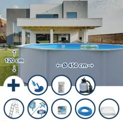 Waterman Stahlwandpool Set (9-teilig) Hoch Rund Eco 450 X 120 Cm, Stahl 0,4 Mm Weiß Folie 0,3 Mm Blau