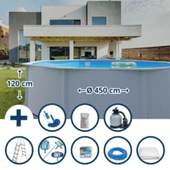Waterman Stahlwandpool Set (9-teilig) Hoch Rund Eco 450 X 120 Cm, Stahl 0,4 Mm Weiß Folie 0,3 Mm Blau