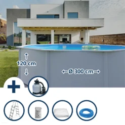 Waterman Stahlwandpool Set (6-teilig) Hoch Rund 300 X 120 Cm, Stahl 0,4 Mm Weiß Folie 0,3 Mm Blau