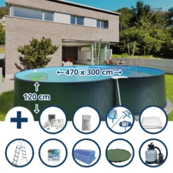 Waterman Stahlwandpool Set (10-teilig) Hoch Achtform 470x300x120 Cm, Stahl 0,4 Mm Anthrazit Folie 0,4 Mm Blau