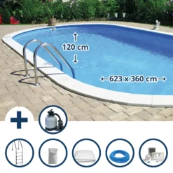 Waterman Stahlwandpool Set (7-teilig) Tief Oval 623 X 360 X 120 Cm, Stahl 0,4 Mm Weiß Folie 0,4 Mm Blau