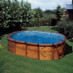 Pool Welt Verkaufe 34 Waterman Stahlwandpool Set Oval Echtholz 790x465x120cm, Stahl 0,45mm Weiß, Folie 0,4mm Blau, Einhängebiese