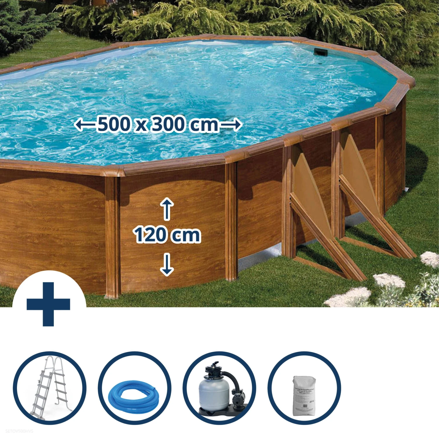 Stahlwandpool Set Oval Classic 500x300x120 Cm, Stahl 0,45 Mm Holzoptik, Folie 0,3 Mm Blau, Overlap 1 Stahlwandpool Set Oval Classic 500x300x120 Cm, Stahl 0,45 Mm Holzoptik, Folie 0,3 Mm Blau, Overlap