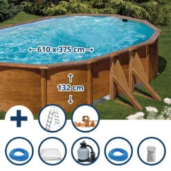 GRE Stahlwandpool Set (7-teilig) Hoch Oval 610 X 375 X 132 Cm, Stahl 0,45 Mm Holzoptik Folie 0,4 Mm Blau
