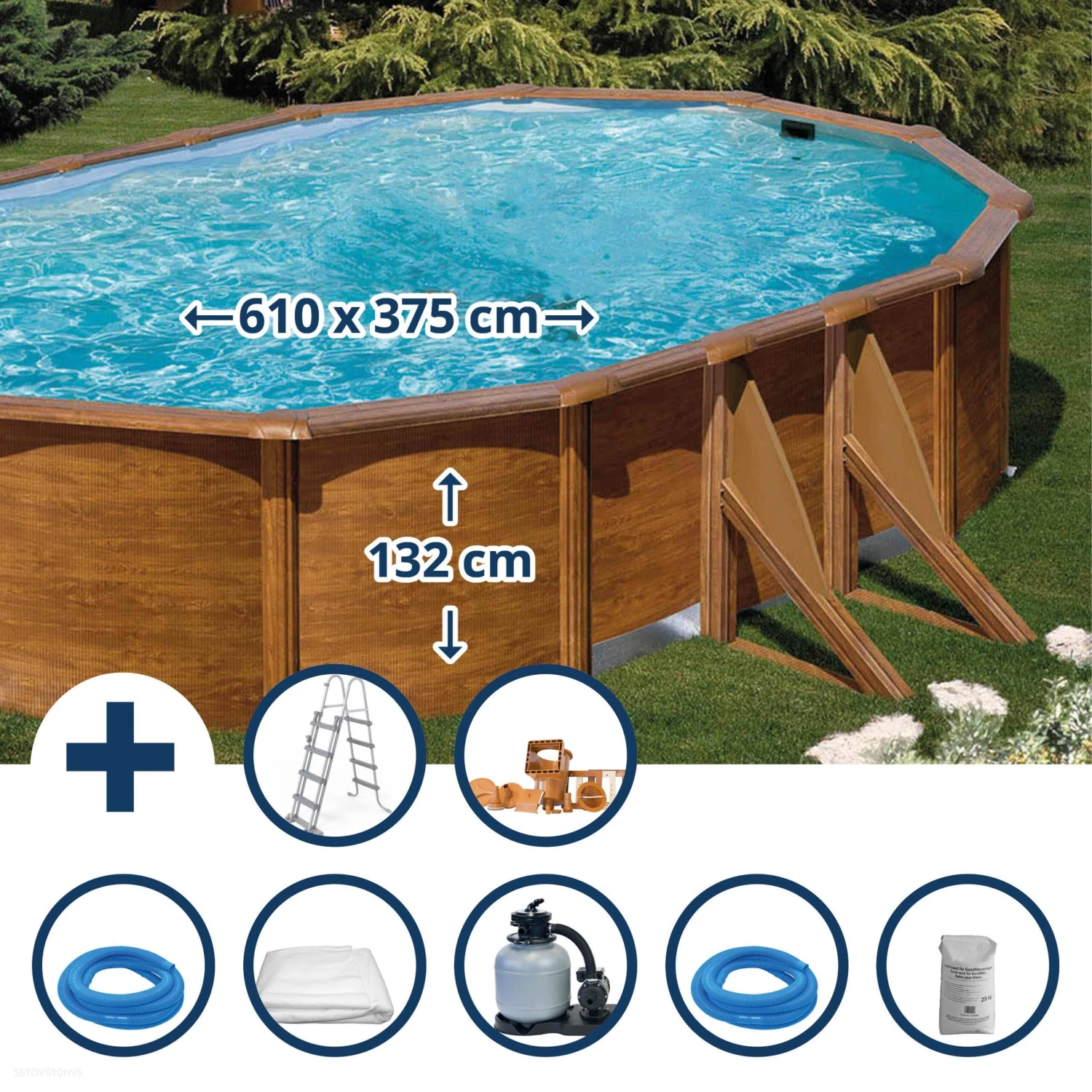 GRE Stahlwandpool Set (7-teilig) Hoch Oval 610 X 375 X 132 Cm, Stahl 0,45 Mm Holzoptik Folie 0,4 Mm Blau 1 GRE Stahlwandpool Set (7-teilig) Hoch Oval 610 X 375 X 132 Cm, Stahl 0,45 Mm Holzoptik Folie 0,4 Mm Blau