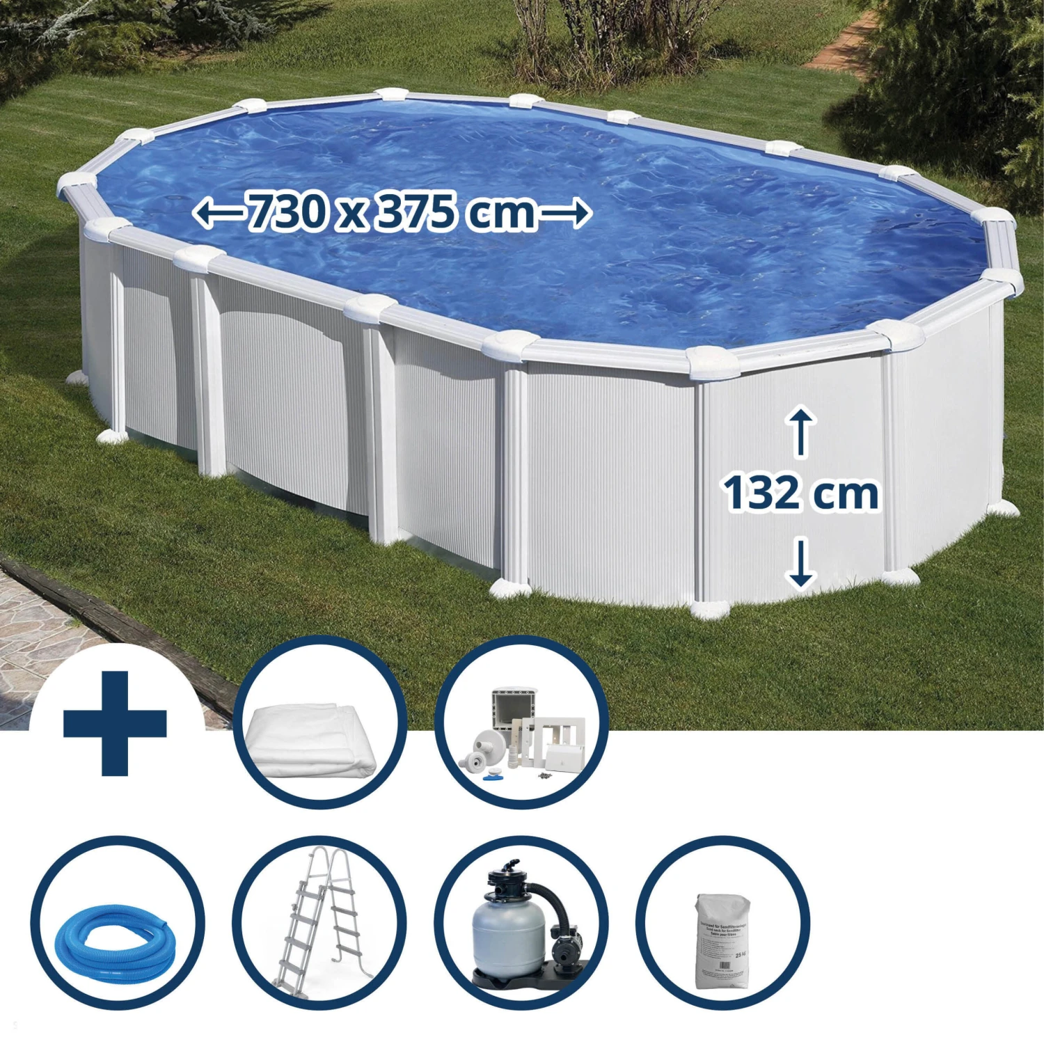 GRE Stahlwandpool Set (7-teilig) Hoch Oval High Line 730x375x132 Cm, Stahl 0,45mm Weiß Folie 0,4mm Blau 1 GRE Stahlwandpool Set (7-teilig) Hoch Oval High Line 730x375x132 Cm, Stahl 0,45mm Weiß Folie 0,4mm Blau