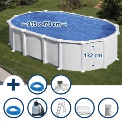 GRE Stahlwandpool Set (7-teilig) Hoch Oval High Line 915x470x132 Cm, Stahl 0,45mm Weiß Folie 0,4mm Blau