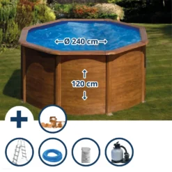 GRE Stahlwandpool Set (5-teilig) Hoch Rund 240 X 120 Cm , Stahl 0,45 Mm Holzoptik Folie 0,3 Mm Blau