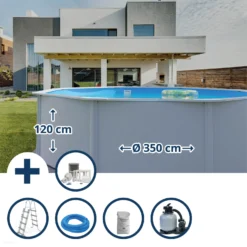 GRE Stahlwandpool Set (5-teilig) Hoch Rund Classic 350 X 120 Cm, Stahl 0,45 Mm Weiß Folie 0,3 Mm Blau