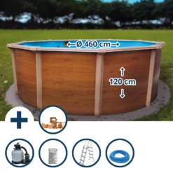 Waterman Stahlwandpool Set (5-teilig) Rund Classic 460x120cm, Stahl 0,45mm Holzoptik, Folie 0,3mm Blau, Overlap