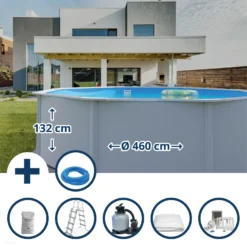 GRE Stahlwandpool Set (6-teilig) Hoch Rund High Line 460 X 132 Cm, Stahl 0,45 Mm Weiß Folie 0,4 Mm Blau