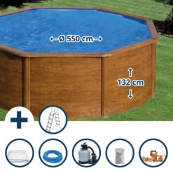 GRE Stahlwandpool Set (6-teilig) Hoch Rund 550 X 132 Cm, Stahl 0,45 Mm Holzoptik Folie 0,4 Mm Blau