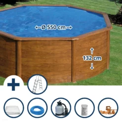GRE Stahlwandpool Set (6-teilig) Hoch Rund 550 X 132 Cm, Stahl 0,45 Mm Holzoptik Folie 0,4 Mm Blau
